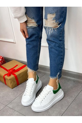Erva'nın Butiği Beyaz Yeşil Queen Kadın Bağcıklı Sneakers-5024 Beyaz Yeşil Cilt
