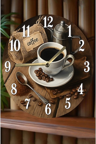 Zamanın Klasik Lezzeti Kahve Temalı Sessiz Yuvarlak Ahşap Duvar Saati, Kuvars Coffe 2d Sdw2012 Renkli