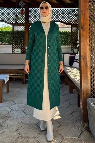Rabia Şamlı Dama Desenli Triko Hırka Zümrüt Normal
