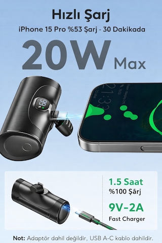 Direkt Telefona Takılan Mini Powerbank 5000 Mah Type-c Girişli Tüm Cihazlarla Uyumlu, Led Ekranlı, Standlı 5000 Mah