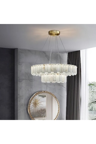 Ardora Mermer Avize Çift Katlı Dairesel Sarkıt, Modern Lüks Tasarım Avize Ra-avz- 3897-74-39 Eskitme