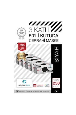 Saytekmed Meltblown Filtreli, Yassı İpli, 3 Katlı Siyah Maske (5 Kutu/250 Adet) Saytekmed Meltblown Filtreli, Yassı İpli, 3 Katlı Siyah Maske (5 Kutu/250 Adet)