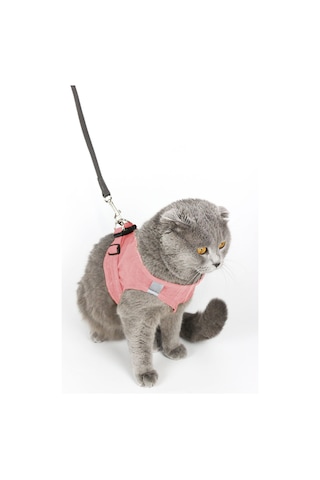 Kedi Gezdirme Tasması - Kedi Tasması Göğüs Tasma Seti Yumuşak Süet Pembe Renk
