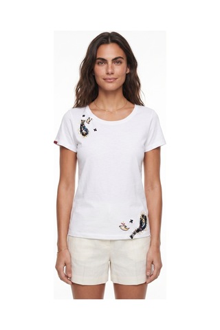 Onloox Kadın Beyaz Beyaz Pamuklu Bisiklet Yaka Kısa Kollu Sanatsal El İşi Nakış Detaylı Premium Tasarım T-shirt