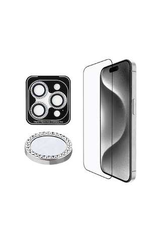Apple Uyumlu iPhone 16 Pro Max Guess Lisanslı Rhinestone Ekran Ve Lens Koruyucu 2in1 Aksesuar Seti Gümüş