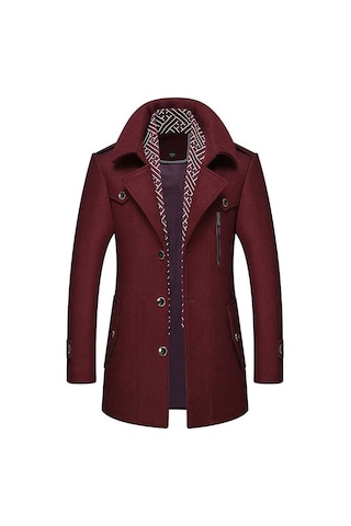 Erkek Yünlü Ceket Sonbahar Ve Kış Erkek Eşarp Yaka Mont Kaban Bordo