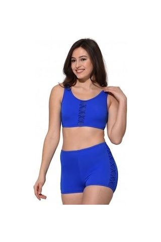 Markahit Argisa Tüllü Detaylı Şortlu Bikini Saks