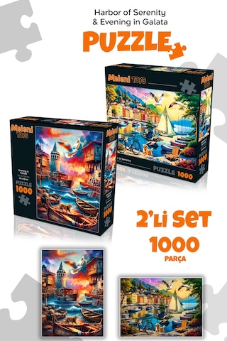 2 Adet 1000 Parça Puzzle - Galata Kulesi Manzaralı Ve Limanda Sakinlik Yapboz 68x48 Cm