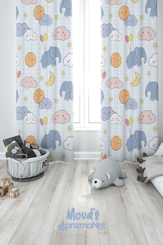 Minik Fil Desenli Baskılı Çocuk Ve Bebek Odası Fon Perdesi 2 Kanat - Prd-16 Çok Renkli