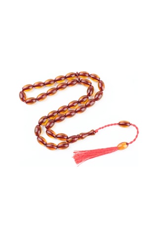 Sıkma Kehribar Beyzi Kesim 9x14mm Tesbih Kırmızı - Sarı