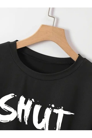 Wear Vexel Kadın Tişört Shut Up Baskılı Kısa Kol Bisiklet Yaka T-shirt - Siyah Çok Renkli