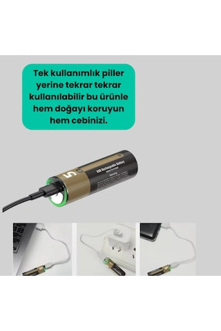 Usb Type-c Girişli Şarjlı Aa Lityum Pil 1.5v Sabit Çıkış 3200mwh 2'li Paket 31609144
