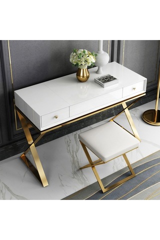 Alisha Gold Metal Beyaz Makyaj Masası & Tabure