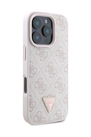 Apple Uyumlu iPhone 16 Pro Max Kılıf Guess Lisanslı Pu Deri Taşlı Üçgen Logo 4g Desenli Strass Kapak Pembe