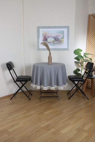 Dnc Home Tekstil  Gri Antrasit Keten Yuvarlak Masa Örtüsü Ham Ponponlu