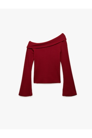 Koton Pamuklu Slim Fit Uzun İspanyol Kollu Omzu Açık Tişört Bordo 6wak50039ek Bordo