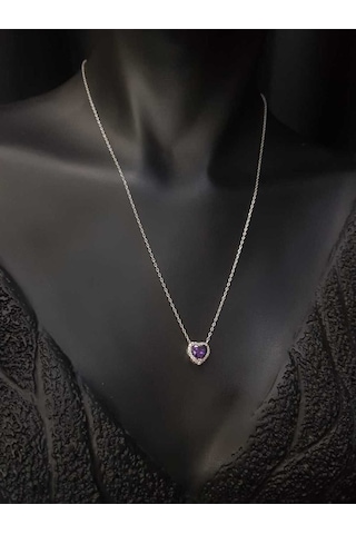 Vog Swarovski Taşlı S Model Ametis Kalp Taş Detay Gümüş Sevgiliye,arkadaşa Kolye