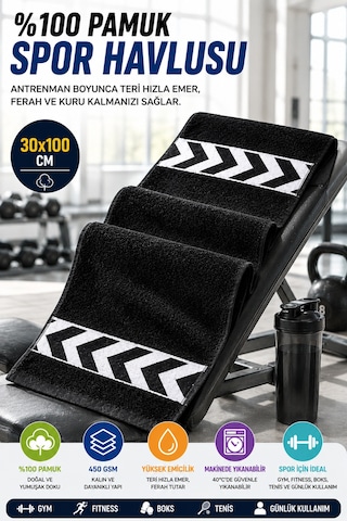 Siyah 30x100 Cm %100 Pamuk 450 Gsm Spor Havlusu Fitness Gym Boks Tenis Golf Yüz Havlusu Yıkanabilir