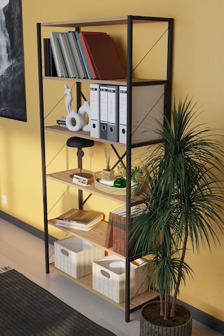 Dekoratif Metal Kitaplık 6 Raflı Kitaplık Dosya Rafı 180 Cm Çam