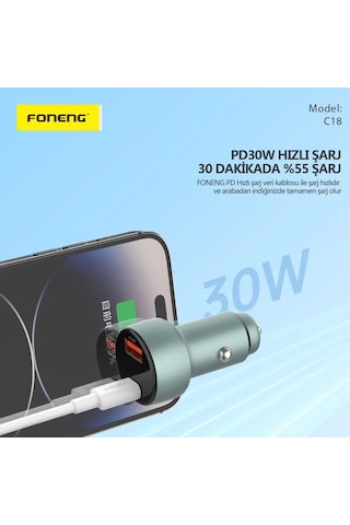 Foneng C18 48w Type-c + Usb Led Gösterge Araç İçi Şarj Adaptörü -