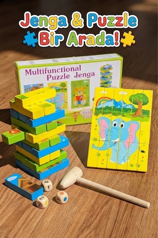 Eğitici Ahşap Resimli Jenga Ve Puzzle Seti - Çekiçli Denge Kulesi Zeka Oyunu Montessori