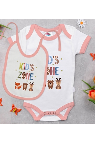 Bk Kids Kid's Zone Tasarımlı Pembe Bebek Body Zıbın Ve Mama Önlüğ Çok Renkli