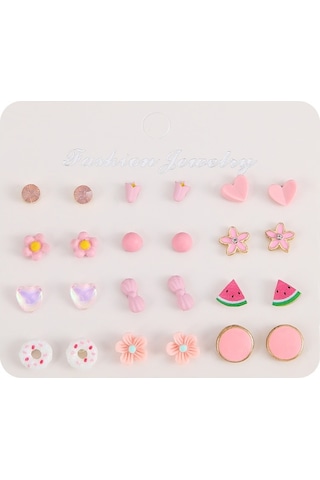 Chavin Çocuk Genç 12 Çift Mineli Figür Küpe Seti es96 Çok Renkli