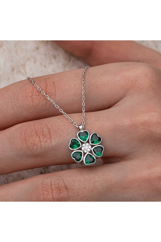 Gümüş Yeşil Kalpli Çiçek Kadın Kolye Sl10616 Gümüş