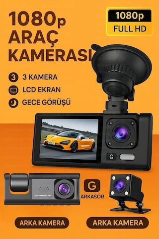 Siyah 1080p Araç İçi 3 Kameralı Lcd Ekranlı Gece Görüşlü , G-sensör , Geri Görüş Kamera