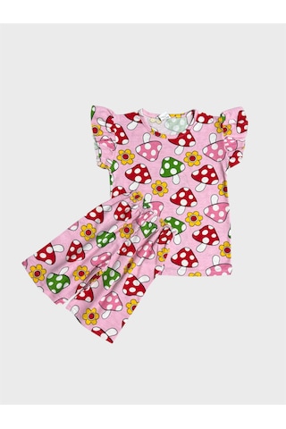Aliş Kids Kız Çocuk Pamuklu Pembe Mantar Desenli Kısa Kollu Kolları Fırfırlı Şortlu Yazlık Pijama Takımı