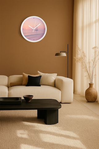 Soyut - Bohem - Doğa - Deniz Manzaralı Modern Duvar Saati - 35cm - Önü Camlı Beyaz Kasa-jh0821 Beyaz