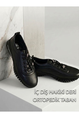 Ender Hakiki %100 Deri Tırtıklı Taban Kadın Spor Ayakkabı Siyah