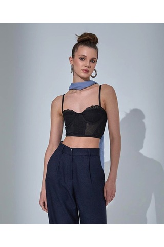 Fashion Cocktail Transparan Sırt Bel Detaylı Kopçalı Askılı Dantelli Kombin Krop Büstiyer Siyah