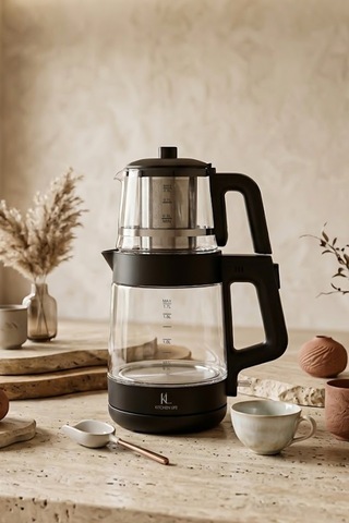 Demzade Isıya Dayanıklı Borosilikat Cam Elektrikli Çay Makinesi Alt 1,7 Lt Üst 0,9 Lt 1850-2200 W Kettle Çaycı Çay Seti