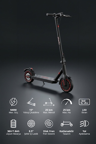 5010-k 500w Elektrikli Scooter 36v 7.8ah Pil Led Aydınlatma Lcd Ekran Uygulama Destekli Katlanabilir Kırmızı