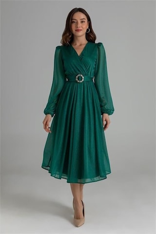 Dipmoda Kadın Kemerli Kruvaze Yaka Simli Gece Elbisesi Dpnbmy3590 Yeşil
