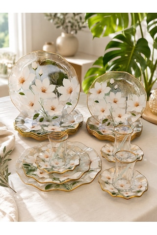 30 Parça Flora Elegance Servis Pasta Çay Takımı Gold-5408 Şeffaf