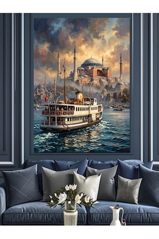 İstanbul Boğazı Vapur Ve Camii Dekoratif Kanvas - Mdf Ahşap Tablo