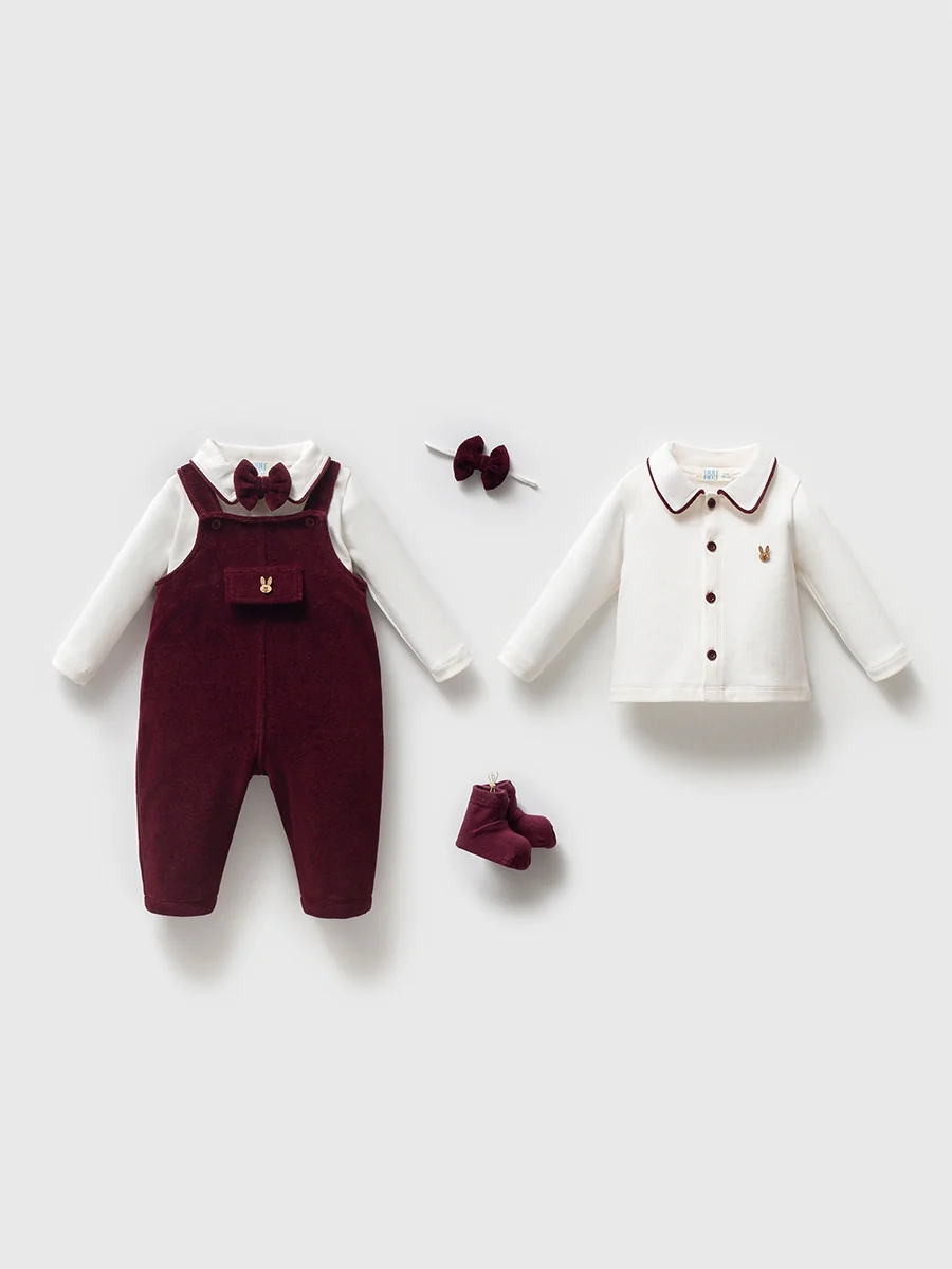 Momercy Erkek Bebek Kadife Tulum Salopet Body Çorap Papyon Kutulu Hediyelik 4lü Set Bordo