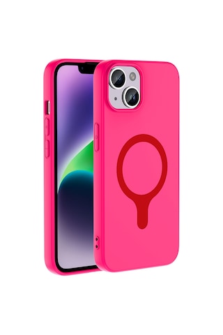 iPhone Uyumlu 14 Kılıf M-safe Şarj Özellikli Frm Aris Silikon Kapak - Koyu Pembe Çok Renkli