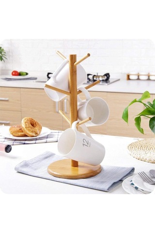 Youmex Bambu Bardak Tutucu, 6 Bardak Kapasitesi, Dürtme Engeli, Organik Malzeme, Mutfak Düzenleyici, Doğal Tarz, Anti Kayma Taban Ahşap