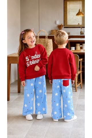 Elzo Collection Unisex Slogan Baskılı Üst Alt Yıldız Baskılı 3 İplik Kumaş Alt Üst Eşofman Takım Çok Renkli
