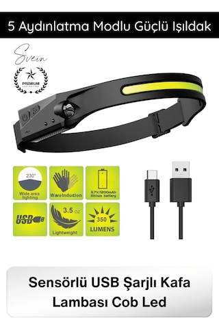 Kafafeneri Sensörlü Usb Şarjlı Kafa Lambası Cob Led 5 Aydınlatma Modlu Güçlü Işıldak Dahili Pilli A Beyaz