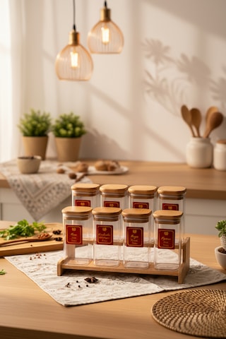 Snippy Lunver - 8'li Ahşap Standlı Vakumlu Etiketli Akrilik Saklama Kabı Baharatlık Seti 350 Ml Ahşap