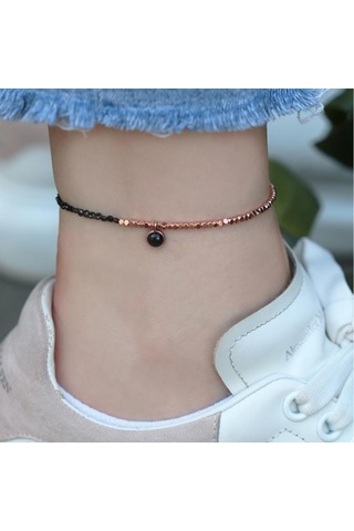Oniks Taşlı Rose Gold Halhal Gümüş