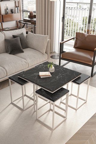 Lizbon 4+1 Kare Sehpa Takımı Beyaz Metal - Siyah Mermer Tabla