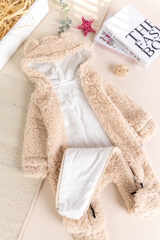 Kapüşonlu Ayıcık Fiğürlü Welsoft Peluş Kışlık Kız/erkek Bebek Tulum Bej