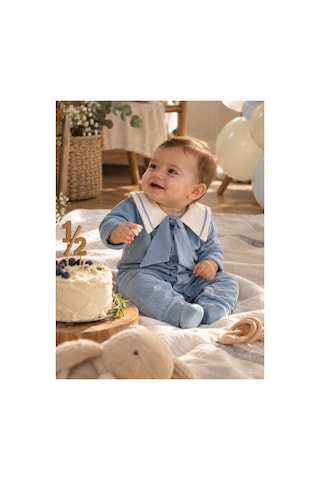 Omeca Concept Bebek Mavi Kadife Tulum Denizci Yaka Fiyonk Detaylı