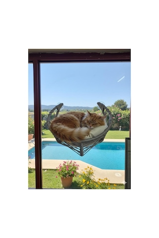 Vantuzlu Cam Önü Kedi Yatağı Gri Örgü Tasarım Minderli Kedi Hamak Seyir Terası