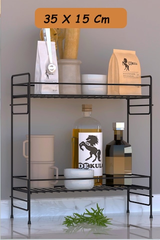 2 Katlı Mutfak Rafı Banyo Dolabı Çok Amaçlı Düzenleyici Baharatlık Masa Üstü Tezgah Raf Organizer 35x15 Siyah